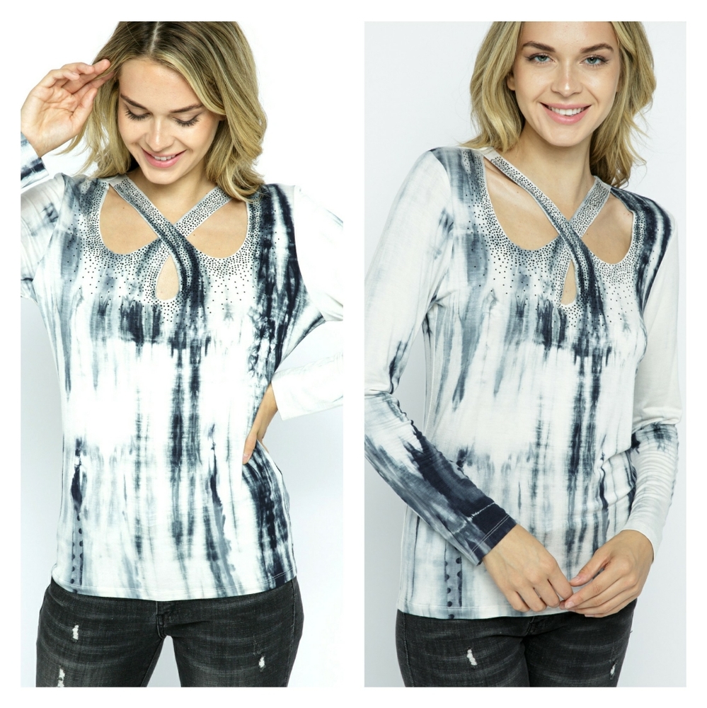 Tie dye criss cross long sleeve top w/stone detail